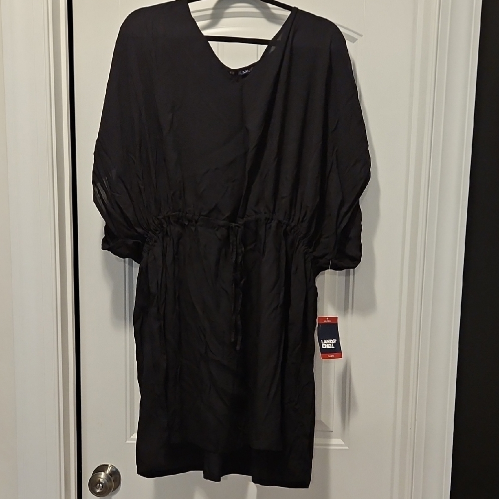 Lands' End Black V-Neck Drawstring-Waist Swim Coverup